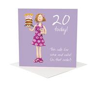 Holy Mackerel wine and cake female 20th birthday card for her - designed by artist Erica Sturla - 15cm square and blank inside for your message - made in the UK