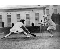 Holy Mackerel women playing cricket retro black and white photographic card featuring a vintage image of batswoman and wicket keeper - 12.6 x 17.7cm and blank inside