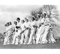Holy Mackerel womens cricket team retro black and white photographic card featuring a vintage image of girls heading out to the crease - 12.6 x 17.7cm and blank inside
