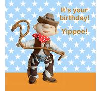 Holy Mackerel Yippee little boy's birthday card for him featuring a child dressed as a cowboy - designed by artist Erica Sturla - 15cm square and blank inside for your message - made in the UK