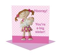 Holy Mackerel you're a big sister new baby card for her featuring a girl with her little sibling - designed by artist Erica Sturla - 15cm square and blank inside for your message - made in the UK