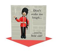 Holy Mackerel you're how old coldstream guard birthday card featuring a soldier on sentry duty - designed by artist Erica Sturla - 15cm square and blank inside for your message - made in the UK