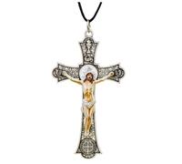 Holy Mass Crucifix Pendant Necklace with Saint Benedict Medal, Silver Tone Catholic Cross with Cord, Eucharist Devotional Cross, Religious Gift for Men & Women