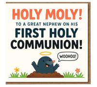 Holy Moly First Holy Communion Card for Great Nephew - Cute Mole with Halo, Punny Celebration, Woohoo Message - Religious Congratulations Card