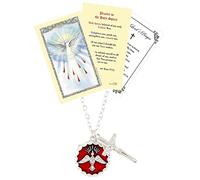 Holy Spirit Medal Catholic - with Laminated Holy Spirit Prayer Card, The Lord's Prayer Card | Red Dove Holy Spirit Pendant with Crucifix Dangle Necklace | Catholic Jewelry Set of 3 Items