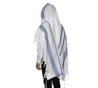 HOLY VOICE 100% Wool Tallit Prayer Shawl Kosher Certified Traditional White with Jeans Stripes for Men, Made in Israel with 100% Wool Tzitzit Fringes (Jeans, 55"x73")