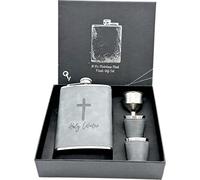 Holy Water Flask Gift With 2 Cups. 8 Oz Hip Funny Flask, Stainless Steel & Stamped Leather Wrapped Style With Gift Box. ChristmasGift For Men, Dad, brother or Groom. (Holy Water)