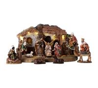 Holyart Resin and Fabric nativity scene sets: Stable with Nativity Scene, painted resin, 11 characters of 11 cm and light, 20x35x15 cm