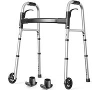 HolyHeal Folding Walkers for Seniors with 2 Skis and 5" Wheels, FSA Eligible Adult Rolling Walker, Supports Up to 350 lbs, Adjustable Height, Lightweight Aluminum Narrow Standard Walker, Black