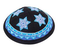 HolYudaica Hq 19cm Cotton Kippah with Blue Star of David Embroidery for Men & Boys, Yamaka Hat from Israel (Black Base)