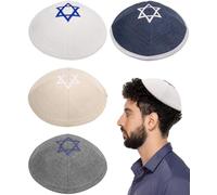 HolYudaica Pack of 4-Pcs - Hq 17/19cm Mix Colors Knitted/Linen Kippah with Star of David Embroidery for Men Boys and Kids, Mix 1, 19CM Flat