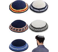 HolYudaica Pack of 5-Pcs - Hq Mix Colors Handmade Knitted Kippah for Men Boys and Kids, Yamaka Hat from Israel - Kippot Bulk (Mix Lines, 17CM Flat)