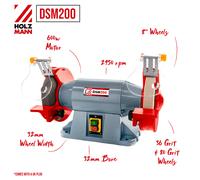 Holzmann 8" Bench Grinder DSM200 600W 200x32mm Wheels 36g & 80g Grit 230V