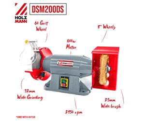 Holzmann 8" Bench Grinder DSM200DS 200mm x 32mm / 60g & Wire Wheel / 600w 230V