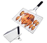 Holzsammlung BBQ Grilling Basket, Portable Foldable Stainless Steel Barbecue Grill Basket for Roast Fish Vegetables Shrimp Steak, with Wooden Handle, Perfect for Camping and Outdoor Cooking #08