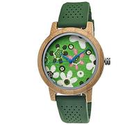 Holzwerk Germany Handmade Designer Women's Watch Eco Natural Wooden Watch Strap Watch Analogue Classic Quartz Watch Green Silicone Rubber Strap and Flowers Cotton Dial, Colourful, Strap.