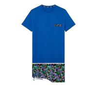 HOM Men's Havana Pajama Set Short Pyjamas (Pack of 1), Top: Plain Blue With Detail On The Bottom Pocket: Colorful And Festive Print Black Background, XL