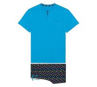 Hom Men's Pyjama Court California Pajama Set, Top: Plain Blue Bottom: Multico Cactus Print Navy Background, L