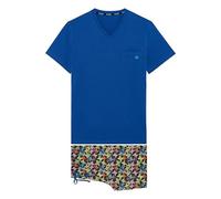 HOM Men's Pyjama Court Pajama Set, Top: Plain Blue Bottom: Multicos Butterfly Print Black Background, L