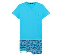 HOM Men's Pyjama Court Valley Pajama Set, Top: Turquoise Plain Bottom: Blue/Yellow/Green Foliage Print Turquoise Background, S