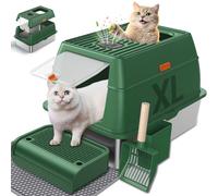 HOMAGICO Stainless Steel Cat Litter Box with Lid, XL Odor-Proof Enclosed Litter Pan with Litter Mat - Rust-Resistant Durable Large Toilet for Big Cat, Easy Clean 37L Capacity (Green)