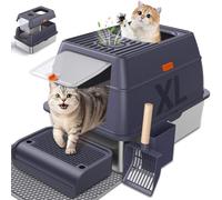 HOMAGICO Stainless Steel Cat Litter Box with Lid, XL Odor-Proof Enclosed Litter Pan with Litter Mat - Rust-Resistant Durable Large Toilet for Big Cat, Easy Clean 37L Capacity (Dark Purple)