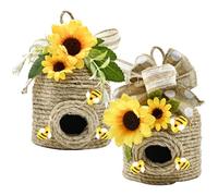 Homaisson 2 Pcs Bee Hive Wall Decor, Bee Hive Decorations with Sunflower Accents, Yellow Decor, Handcrafted Jute Rope Hanging Charm, Rustic Natural Theme, Easy to Hang, 12 cm x 10 cm/4.7 in x 3.9 in