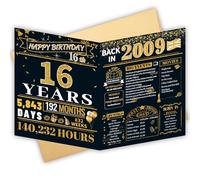 HOMANGA 16th Birthday Card, Jumbo Back in 2009 Card for Boys Girls, 16 Bday Cards with Envelope, 16th Birthday Gifts for Daughter, Son, Him, Her, Black Gold, 20x25cm