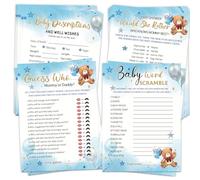 HOMANGA Baby Shower Games for Boy Girl, 4 Fun Games for 25 Guests, Who Knows Mommy Best, Guess Who Mommy or Daddy, Word Scramble, Baby-descriptions & Well Wishes, Blue Bear Baby Showers Decorations