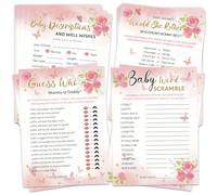 HOMANGA Baby Shower Games for Girl, 4 Fun Games for 25 Guests, Who Knows Mommy Best, Guess Who Mommy or Daddy, Word Scramble, Babies descriptions & Well Wishes, Pink Floral Baby Shower Decorations