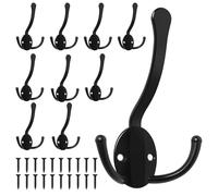 Homanu 10 Pack Coat Hooks Heavy Duty, Metal Three Prongs Large Coat Hooks Wall Mounted with 20 Screws, No Rust Black Rustic Wall Hooks for Hanging Towel, Coat, Scarf, Bag, Hat, Cup, Key