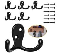 Homanu 6 Pack Coat Hooks, Heavy Duty Double Prong Coat Hooks Wall Mounted with 12 Screws, No Rust Black Metal Wall Hooks for Hanging Towel, Coat, Bag, Hat, Cup, Key