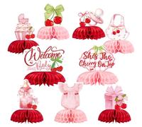 Homarkable Cherry Party Decorations, Pink Bow and Cherry Honeycomb Centerpieces for baby showers, Sweet Cherries Table Ornaments Sets Happy Paper Fruit Theme Supplies Red Coquette