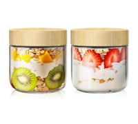 HomArtist 2 Pack 10oz Overnight Oats Containers with Lids, Glass Jars with Bamboo Lids, Glass Meal Prep Jars with Airtight Lids for Yogurt, Salad, Chia, Wide Mouth Mason Jar with Lid for Food Storage