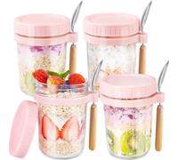 HomArtist Glass Overnight Oats Containers with Lids and Spoon, 16oz Wide Mouth Mason Jars for Overnight Oats, Cereal, Yogurt, Salad Lunch Container with Measurement Marks - Pink 4 Pack