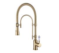 Homary Brushed Gold High Arc Dual-Mode Pull-Down Kitchen Tap Solid Brass with Porcelain Control