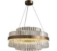 Homary Modern Tiered Crystal LED Chandelier in Brass, 2-Tier Crystal Pendant Light with Adjustable Cable, Luxury Brass Ceiling Light Fixture for Kitchen, Dining Room, Living Room, Hallway