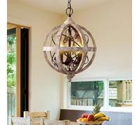 Homary Retro Rustic 3-Light Chandelier - Adjustable Industrial Ceiling Light with Weathered Wood, Metal Orb & Crystal Accents for Kitchen Island, Dining Room & Bedroom