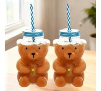 Homaskylynn Cute Bear Glass Cup with Straw, Glass Teddy Bear Cup, 12oz Glass Cup, Wine Cocktail Drinks Glassware, Cute Kawaii Glasses Bottle Mug for Juice Milk Tea Smoothies Infused Water(2pcs)
