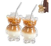 Homaskylynn Glass Teddy Bear Cup, 12oz Glass Cup with Straw, Beer Wine Cocktail Drinks Glassware, Cute Kawaii Bear Glass Bottle Mug for Juice Milk Tea Smoothies Infused Water(2PCS)