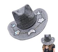 Homaskylynn Prism Suncatcher Hats, Suncatcher Cowgirl Straw Prism Hat, Sun Catcher Women's Boho Moon Stars and Heart Spectrum Hat(D)