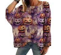 Homaskylynn Women's Halloween Pumpkin Print Long Sleeve Knit Top, Crochet Sweater, Bat Witch Hat Cozy Pullover, Spring Fall Wear(Stylea,M)