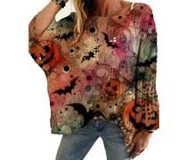 Homaskylynn Women's Halloween Pumpkin Print Long Sleeve Knit Top, Crochet Sweater, Bat Witch Hat Cozy Pullover, Spring Fall Wear(Styleb,XL)