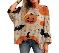 Homaskylynn Women's Halloween Pumpkin Print Long Sleeve Knit Top, Crochet Sweater, Bat Witch Hat Cozy Pullover, Spring Fall Wear(Orange,Large)