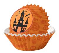 HOMAVEL 100P Halloween Cupcake Cases, Orange Haunted House Paper Liners | 100 Standard Paper Cases for Cupcakes, Fairy Cakes and Muffins, with Orange Haunted House Design for Autumn Parties