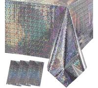 HOMAVEL 3Pcs Silver Holographic Foil Tablecloths 137x274cm, Party Decor | Shiny Silver Plastic Table Covers with Reflective Diamond Effect for Christmas, New Year, Disco, Weddings and Birthdays