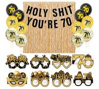 HOMAVEL 70th Birthday Decorations Black and Gold Set - Funny "HOLY SHIT YOU RE 70" Banner, 2 Champagne Gold Fringe Curtains, 12 Balloons & 8 Glasses Photo Props for Men & Women