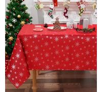 Homaxy Christmas Table Cloth Wipe Clean 140x300 cm, Wipeable Rectangle Polyester Red Xmas Tablecloth White Stars, Fabric Washable Table Cover for Dining Party and Festival