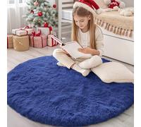 Homaxy Fluffy Shaggy Rugs Living Room, Soft Thick Pile Carpet, Machine Washable Anti Slip Bedside Rug for Kids Bedroom, Nursery - Navy Blue, Round 120 cm