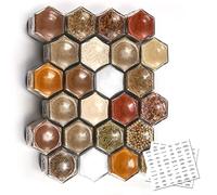 Homazing Set of 24 Magnetic Spice Jars for Refrigerator, Hexagon Glass Magnetic Spice Jars with Shaker Lids and Labels for Kitchen RV Travel Trailer, Magnetic Spice Containers for Fridge